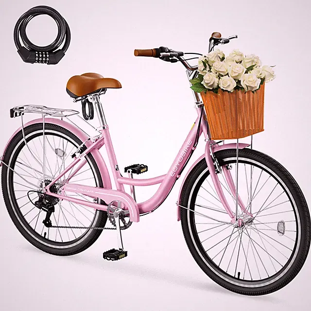 EOYOBIKE 24 Womens Bike, 7 Speed Bike for Adults Women with Ratten Basket & Rack